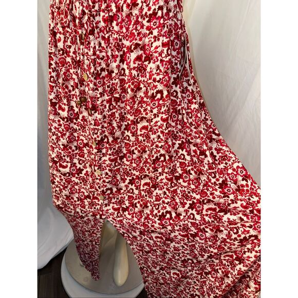 Vintage Inspired I.N. Studio Red Floral Maxi Skirt Rayon Button Front Boho Cotta - Picture 8 of 14